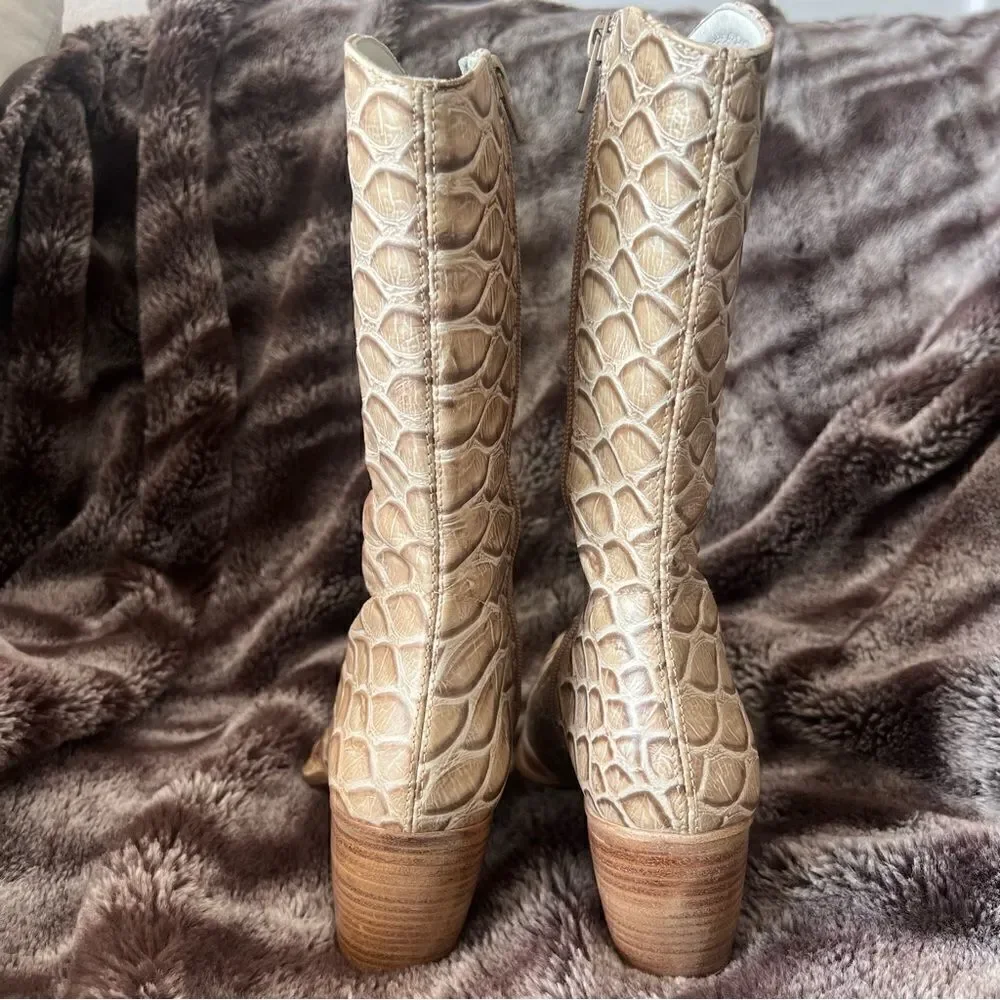 VINCENT Ankle Boots Beige Leather Croco Print Exterior Made in Italy Size 36.